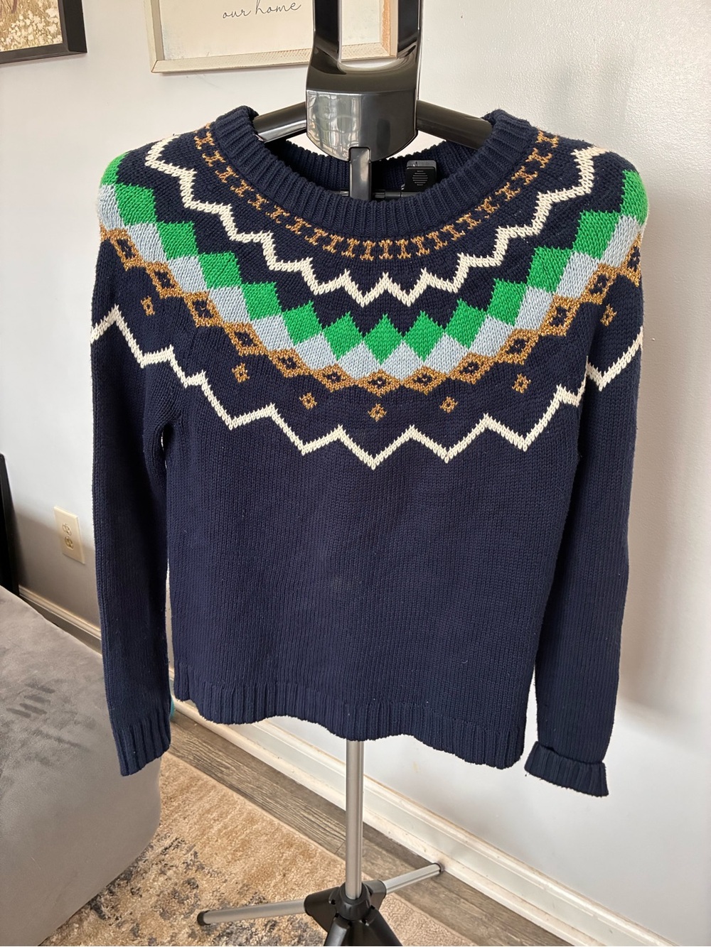 J. Crew Navy Fair Isle Crewneck Sweater with Green & White Accents